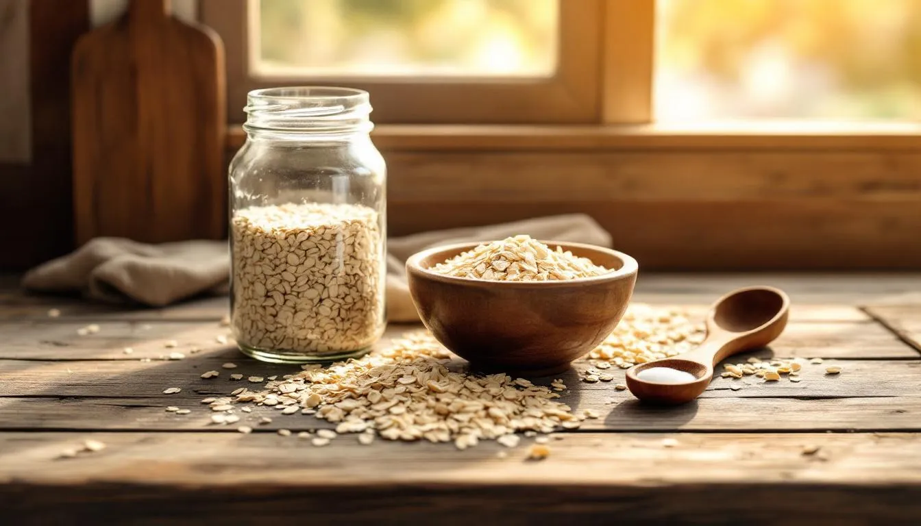 Ingredients for oatmeal milk soap displayed on a kitchen counter.