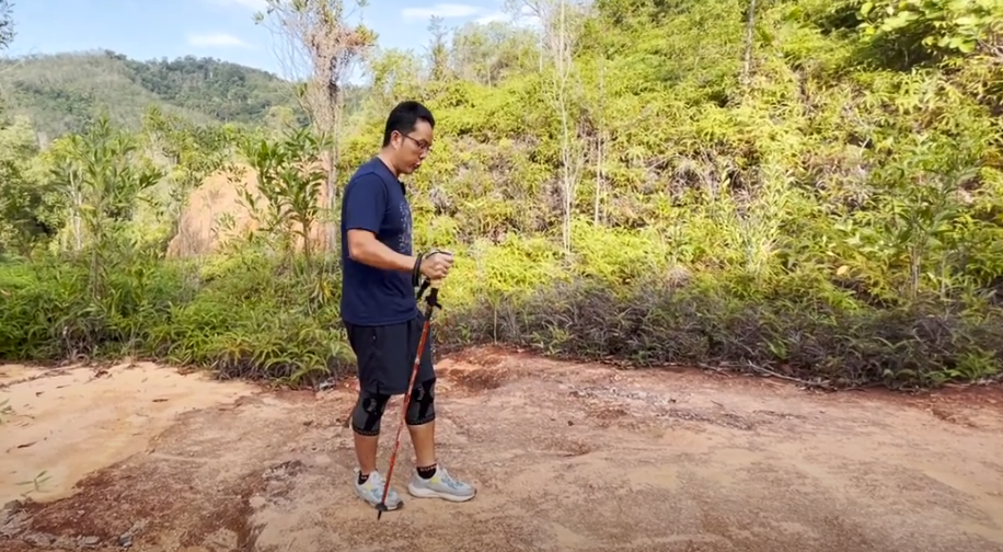 A person using a hiking stick while practicing proper walking technique on a nature trail.