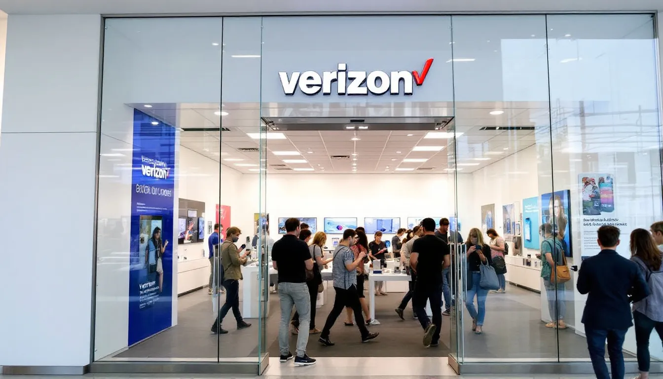 The image shows a Verizon store front bustling with customers entering, eager to explore various phone plans, including unlimited options and prepaid plans. The store features promotional signage highlighting Verizon's unlimited plans and perks for seniors, emphasizing their commitment to providing excellent nationwide coverage and affordable options.