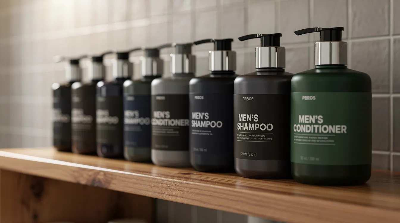 The image features several bottles of men's shampoo and conditioner neatly arranged on a wooden bathroom shelf, showcasing a variety of products designed to promote healthy hair growth and cater to different hair types. These grooming products emphasize natural ingredients like aloe vera and shea butter, ideal for addressing issues such as dry scalp and thinning hair.