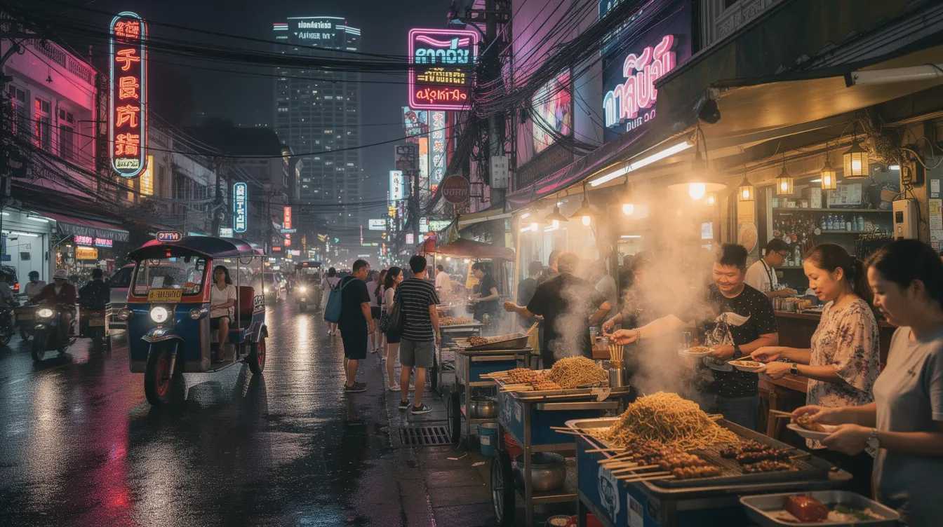 A imagem retrata a vibrante vida noturna de Bangkok, com tuk tuks coloridos circulando pelas ruas iluminadas, enquanto pessoas desfrutam da comida de rua em meio aos templos budistas e ao famoso templo do amanhecer ao fundo. O rio Chao Phraya reflete as luzes da cidade, criando uma atmosfera animada e cheia de sabores típicos da Tailândia.