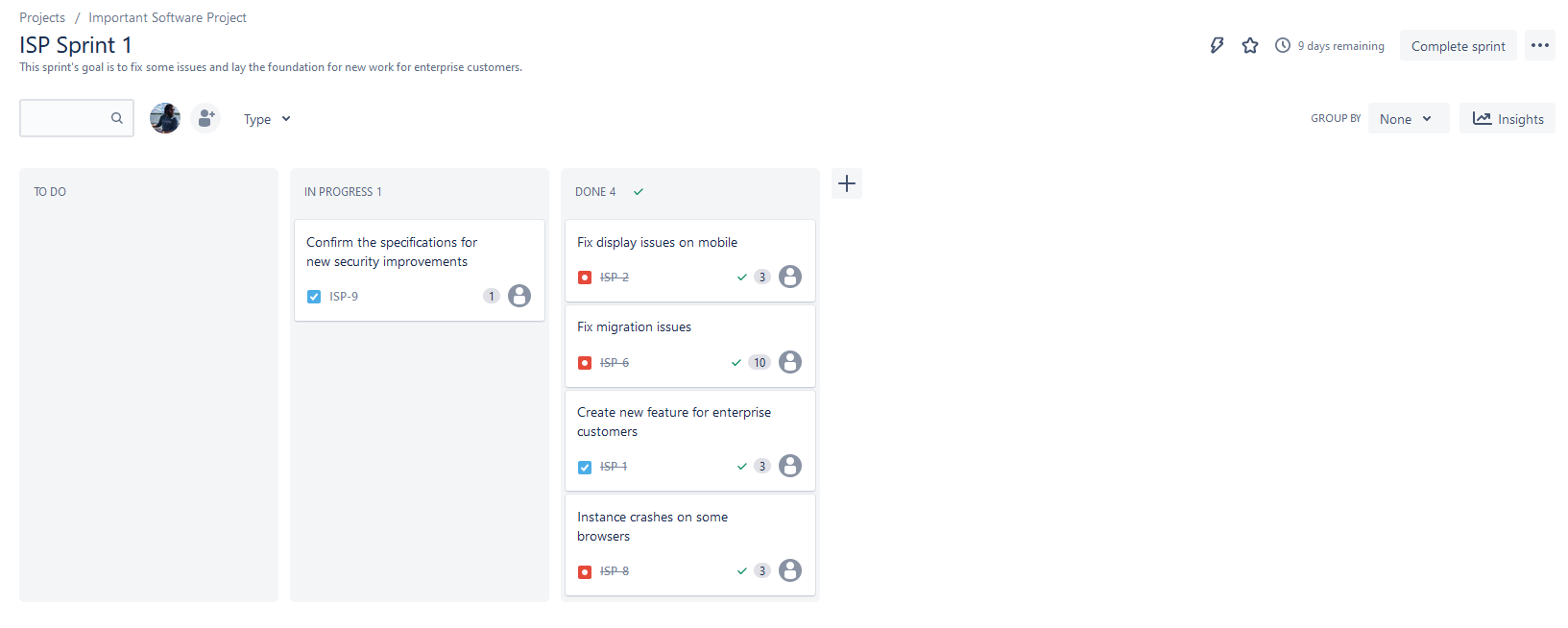 A screenshot of an active sprint in Jira.