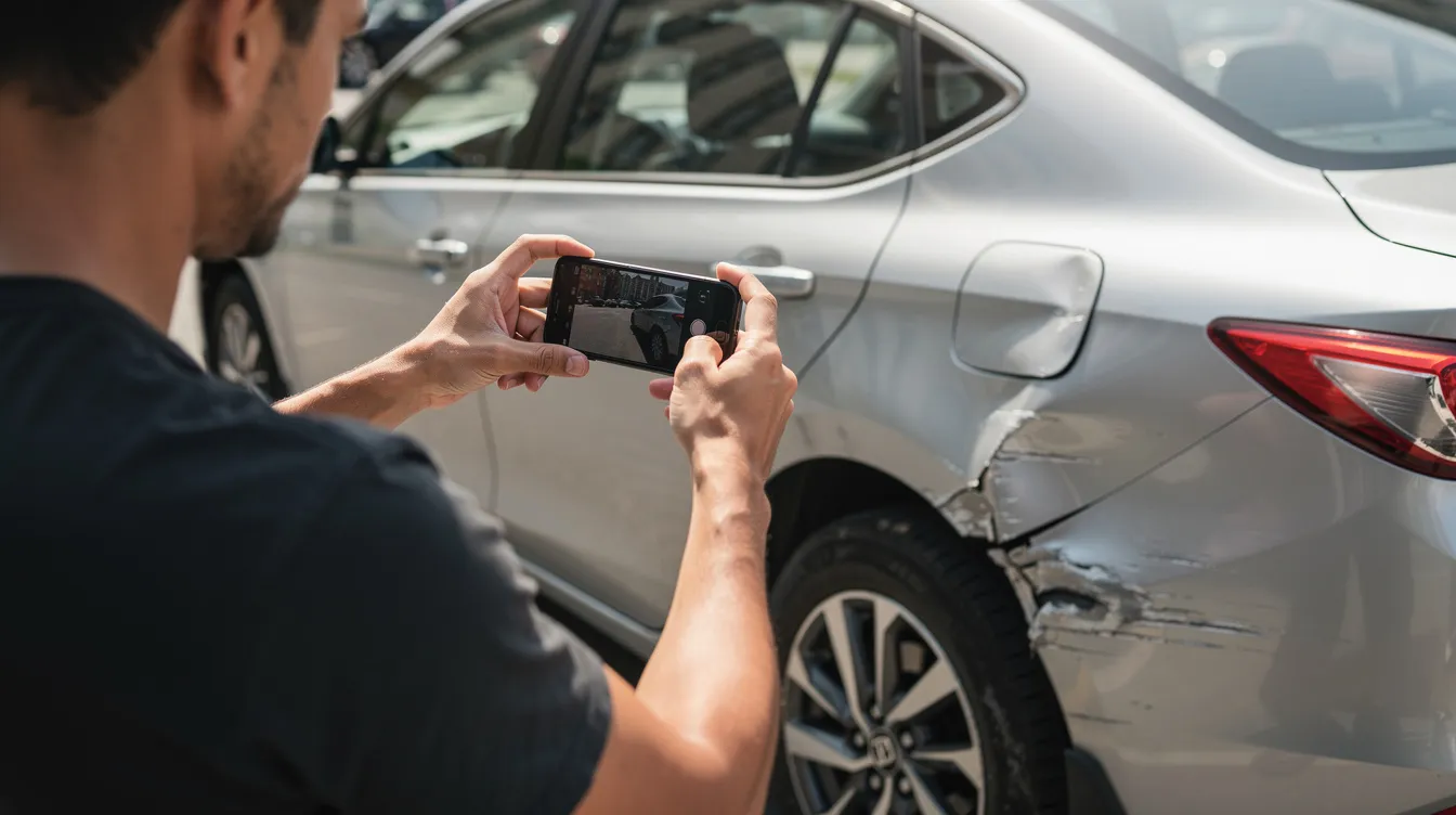 The image shows a person using a smartphone to photograph vehicle damage at the scene of a rear end collision. This documentation is crucial for accident victims seeking compensation for property damage and medical expenses related to their car accident claim.