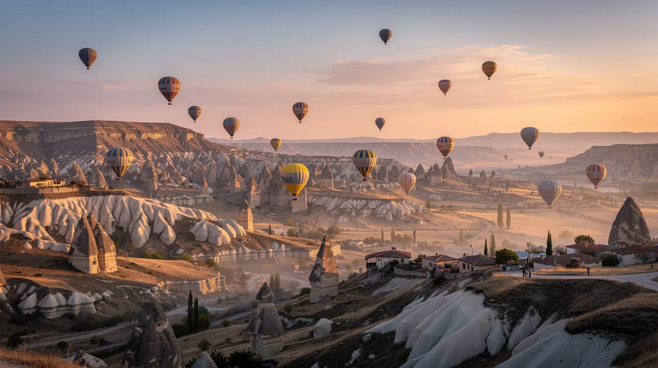 Un grupo de globos aerostáticos de colores brillantes flotan sobre las impresionantes formaciones rocosas de Capadocia al amanecer, creando un espectáculo visual que atrae a turistas y viajeros de todo el mundo. Este destino en Turquía es conocido por su belleza natural y su singular paisaje, ideal para quienes buscan experiencias únicas en su viaje.