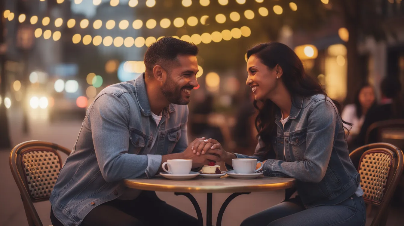 A compatible couple enjoys a romantic date, engaging in deep conversation that reflects their shared values and mutual respect. They connect effortlessly, demonstrating true compatibility as they navigate their emotions and the other person's needs.
