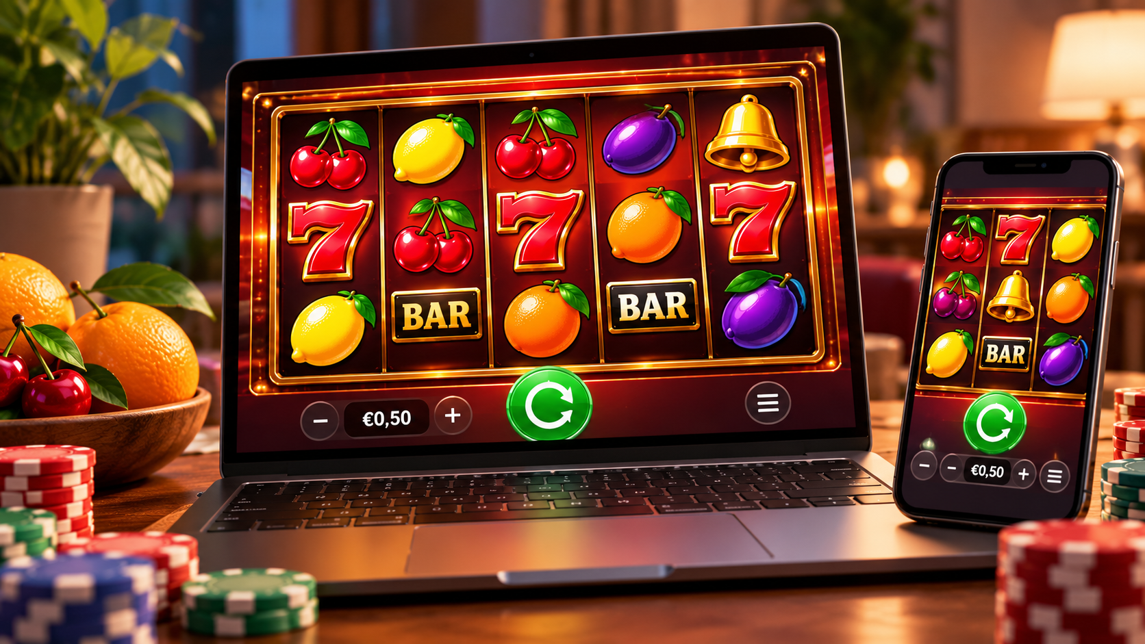 Online fruitautomaat op laptop en smartphone met kersen, citroenen, zevens en BAR-symbolen.