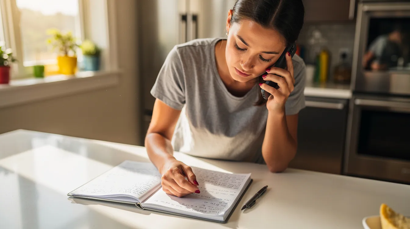 A family member is making a phone call at a kitchen counter, glancing at a notepad filled with notes, reflecting the caregiving responsibilities often faced by family caregivers. This scene highlights the importance of support services and community-based resources available to assist family members in their caregiving journey.