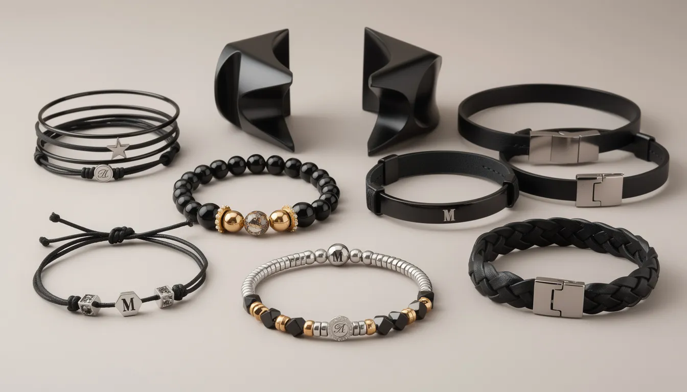 The image showcases a variety of black bracelets for women, featuring an array of styles including stackable bangles, bold architectural cuffs, and minimalist designs. Each bracelet is designed to suit different tastes and occasions, making it easy to discover the perfect accessory for any look.