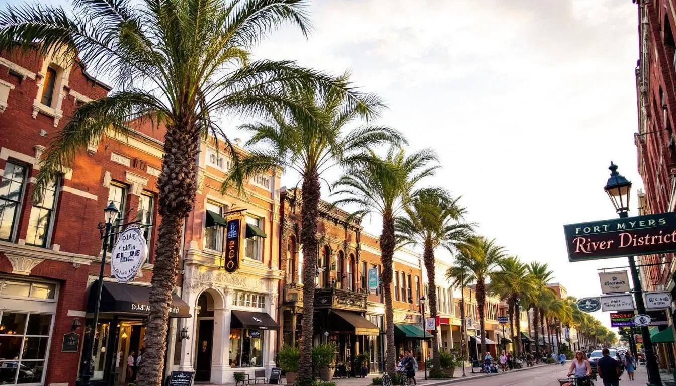 The image captures the vibrant Downtown Fort Myers River District, showcasing historic buildings along palm-lined streets, with a glimpse of the fishing pier in the background. This lively area is ideal for buyers interested in real estate opportunities, including properties near Virginia Avenue and Pointe Royale amenities.