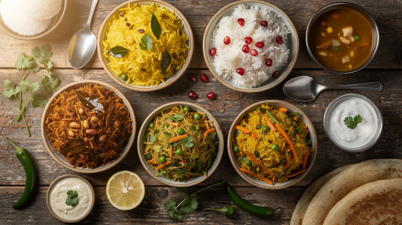 3b26b0e7 af49 4065 9354 79c2328d9bce The image showcases a vibrant array of traditional Indian breakfast dishes, primarily rice-based preparations, displayed in small bowls on a rustic wooden table. Among the dishes, poha, made from rice flakes, stands out as a staple food, highlighting the rich culinary diversity of India.