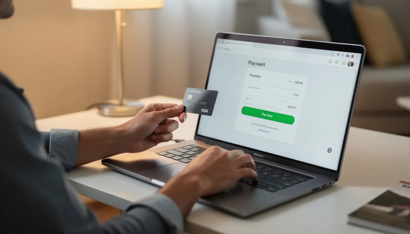 A person is seated at a desk, focused on a laptop while holding a credit card in hand, completing an online purchase. This scene illustrates the process of accepting card payments online, highlighting the convenience of online payment options for customers.