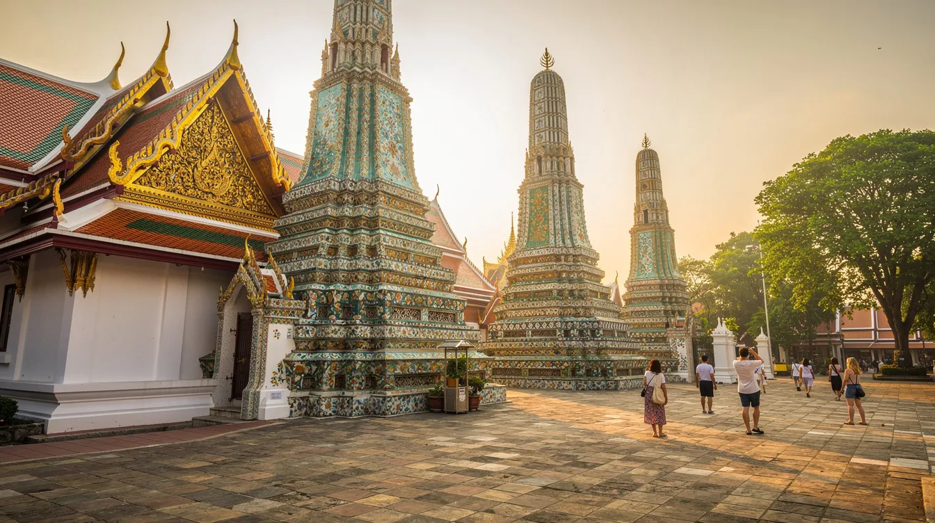 A imagem mostra o templo Wat Pho em Bangkok, Tailândia, famoso por sua imponente estátua do Buda reclinado. O local é um importante destino turístico, repleto de tradições e arquitetura tailandesa, atraindo visitantes do mundo todo.