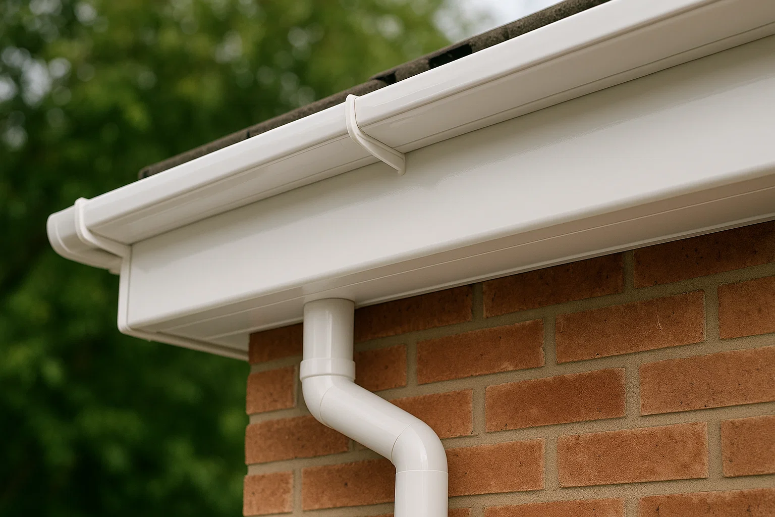 New white uPVC fascia and guttering fitted on a brick home after roofline repairs