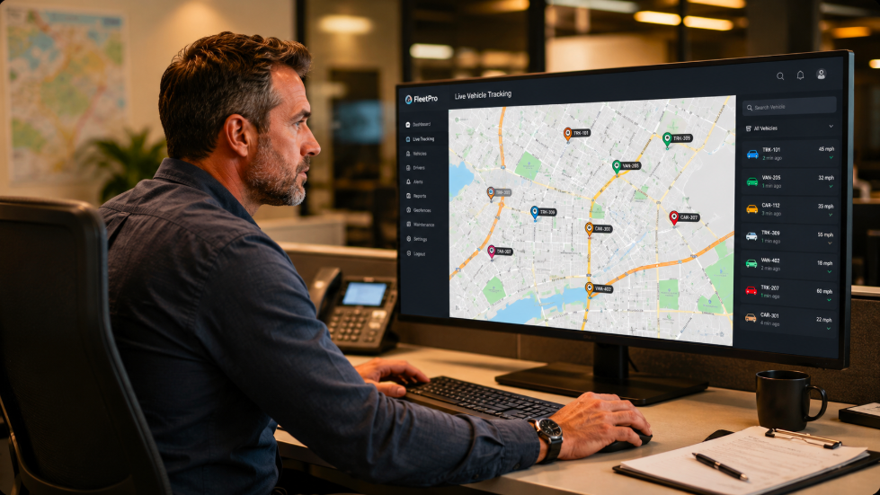 Fleet manager monitoring real-time GPS tracking map showing vehicle locations across a city