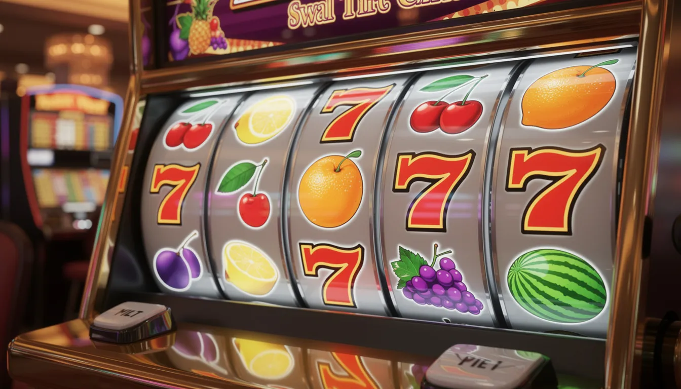 En färgglad spelautomat visar sina hjul med fruktsymboler och lyckosjuor. Denna bild fångar den livliga atmosfären av casinospel, perfekt för en stund av underhållning och spänning.