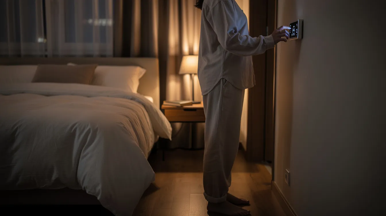 A person in comfortable sleepwear is adjusting a thermostat in a dimly lit bedroom, creating a cozy atmosphere conducive to sleep. The warm lighting and relaxed setting suggest a focus on promoting deep sleep and managing sleep pressure for a restful night.