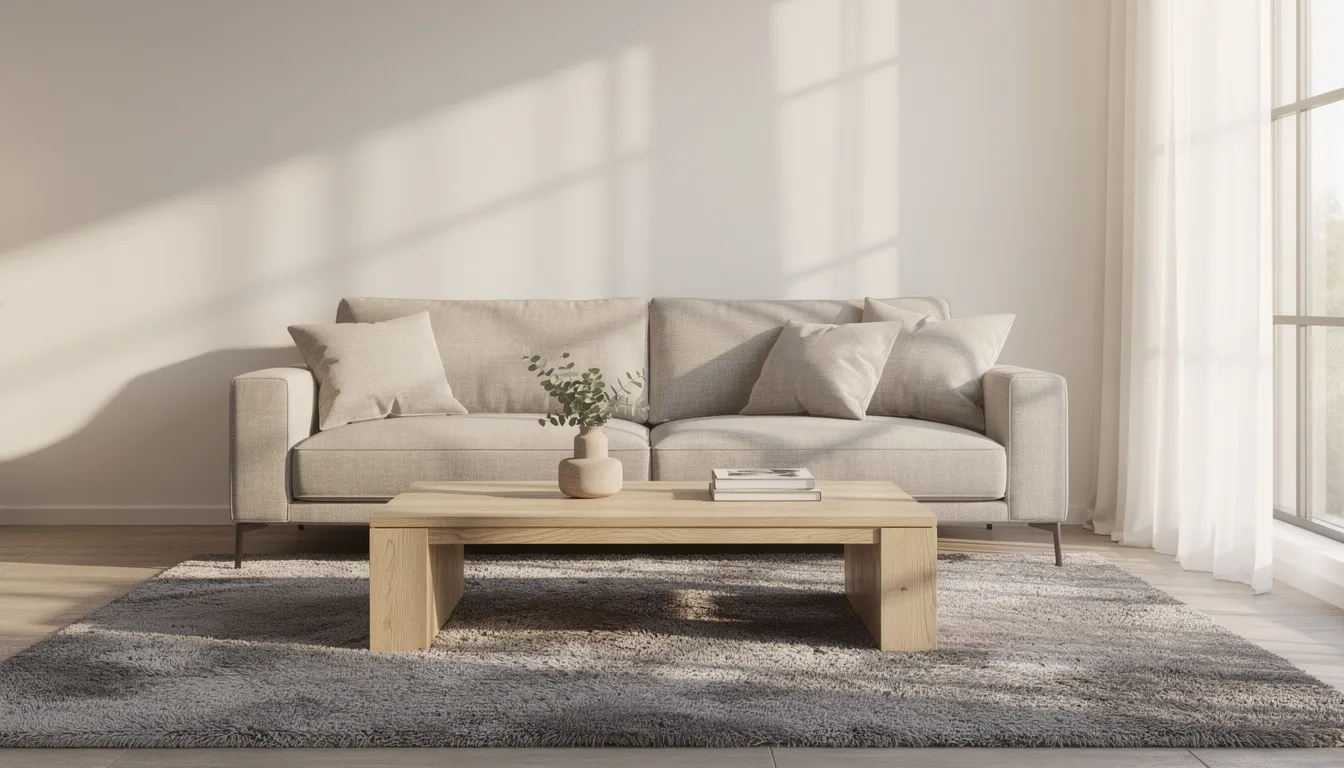 This image depicts a bright minimalist living room featuring a neutral beige sofa, a light oak timber coffee table, and a soft grey rug, all bathed in warm afternoon sunlight filtering through sheer curtains. The space emphasises a neutral palette and clean lines, creating a calm, visually interesting area free of clutter.