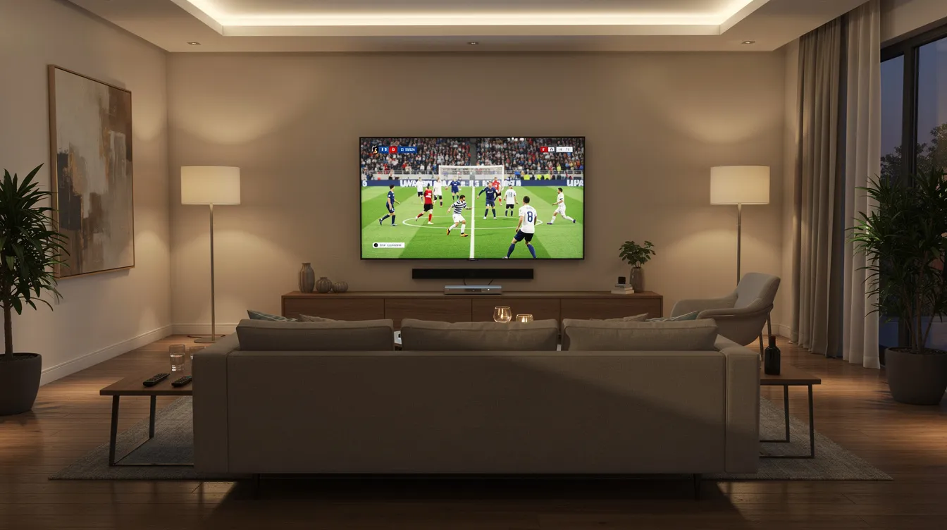 The image showcases a modern living room featuring a large flat screen television that is currently displaying a live football match, perfect for enjoying major sports events. This setup highlights the appeal of IPTV services for UK viewers, offering seamless streaming and access to live channels like Sky Sports and BT Sport.