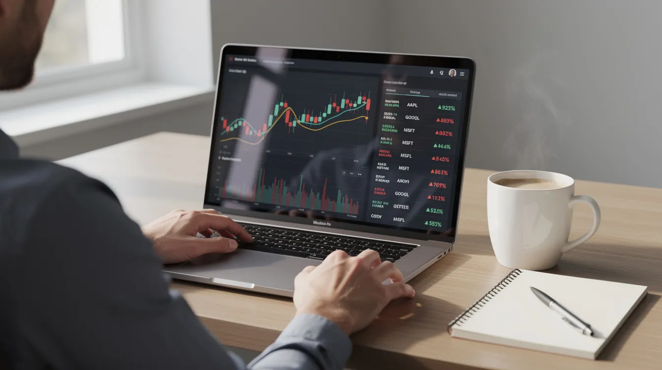 The image shows a person sitting at a desk, reviewing stock holdings on a laptop screen, with a cup of coffee beside them. This scene reflects the process of making informed investment decisions, highlighting the importance of in-depth analysis for active investors in the world's largest investing community.