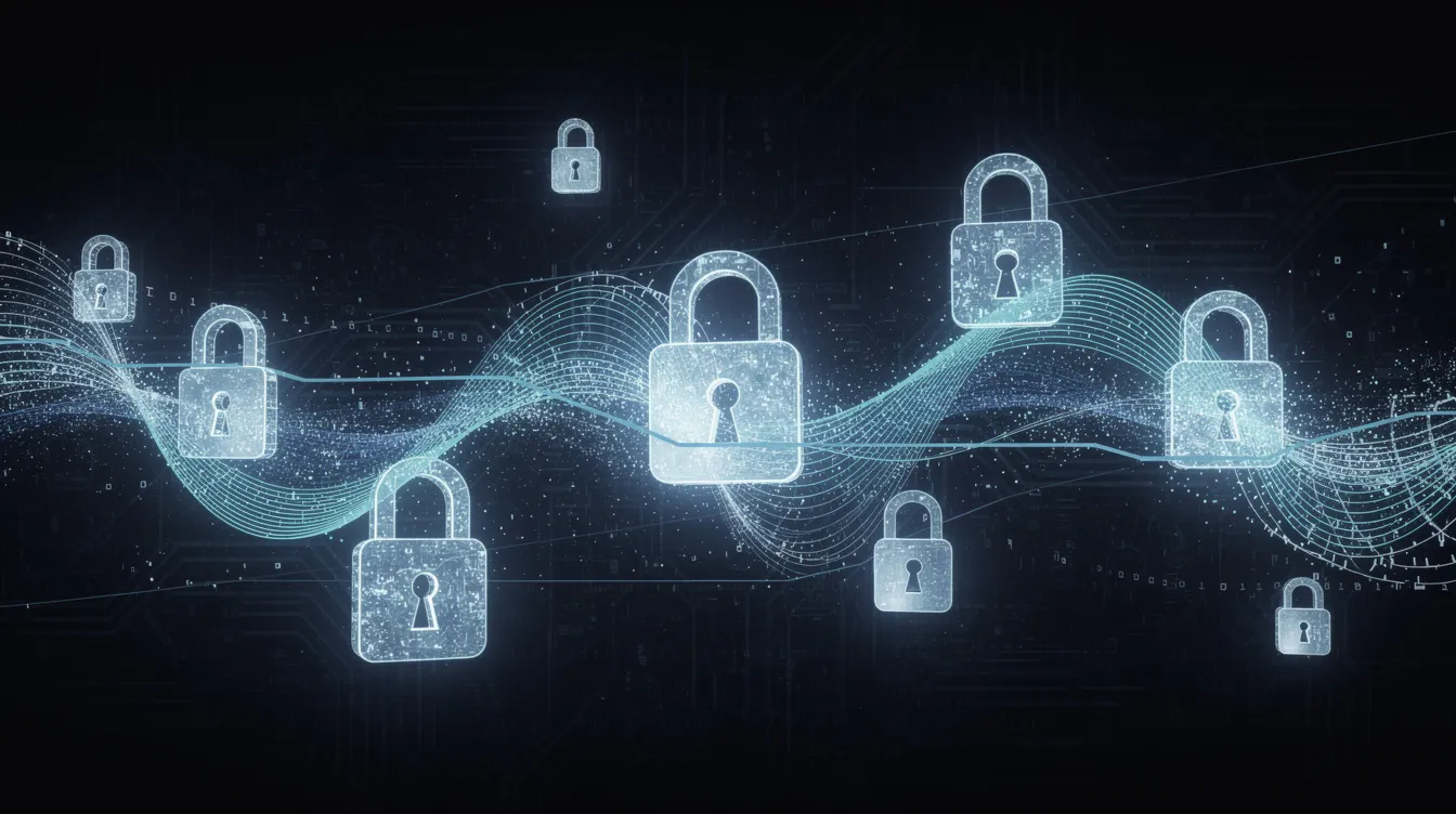 Die abstrakte Darstellung zeigt ein digitales Sicherheitssystem mit verschiedenen Schloss-Symbolen und dynamischen Datenströmen auf einem dunklen Hintergrund, was die Wichtigkeit von Sicherheit und Schutz in der Welt der Online Wettanbieter verdeutlicht. Diese visuelle Komposition symbolisiert die digitale Sicherheit, die für Sportwetten und Glücksspiel von zentraler Bedeutung ist.