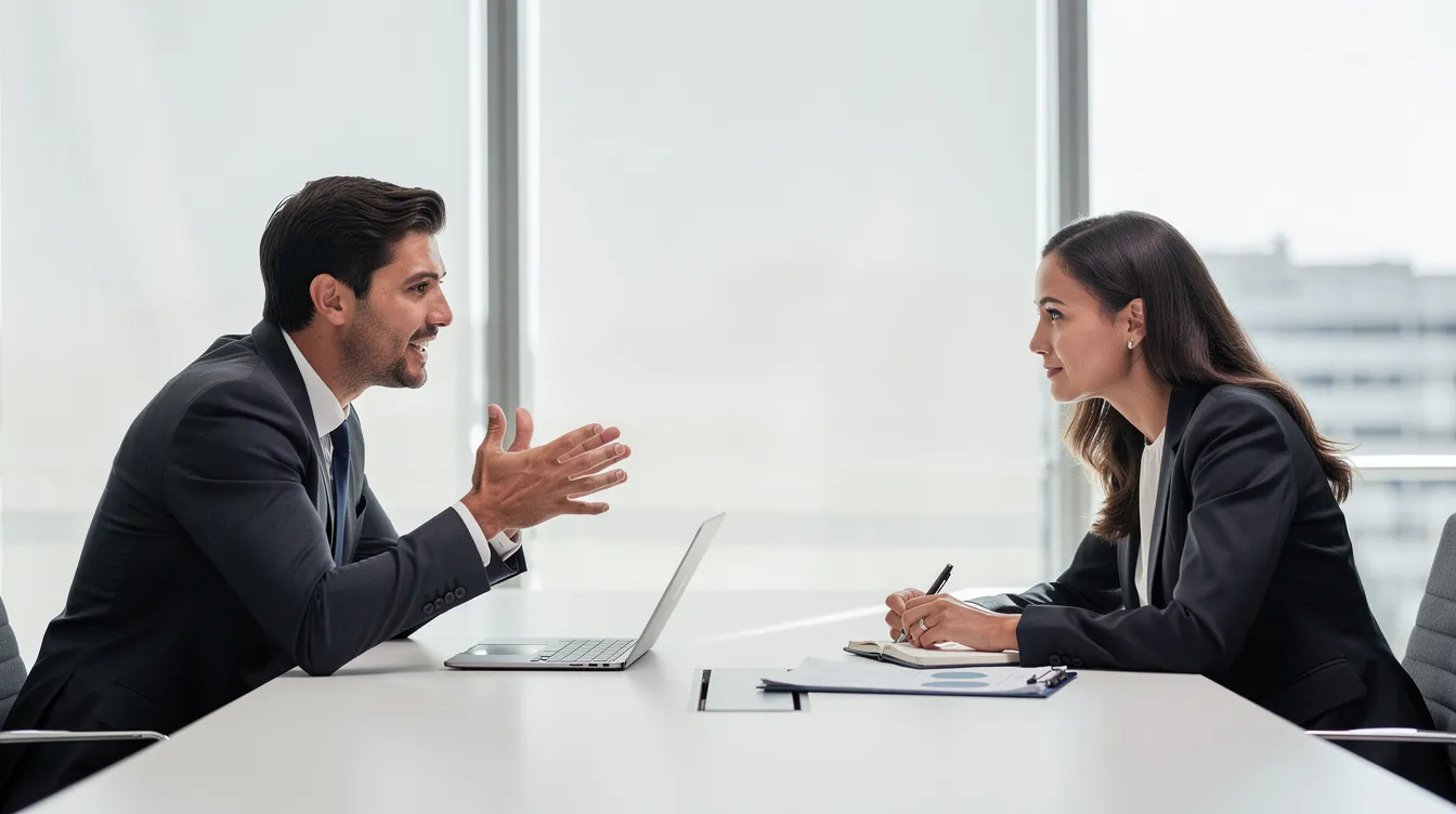 Deux professionnels sont assis face à face lors d'une réunion commerciale, l'un parle de manière animée tandis que l'autre écoute attentivement et prend des notes. Cette interaction met en lumière l'importance des techniques de vente et de la méthode DISC pour adapter son approche à chaque client.