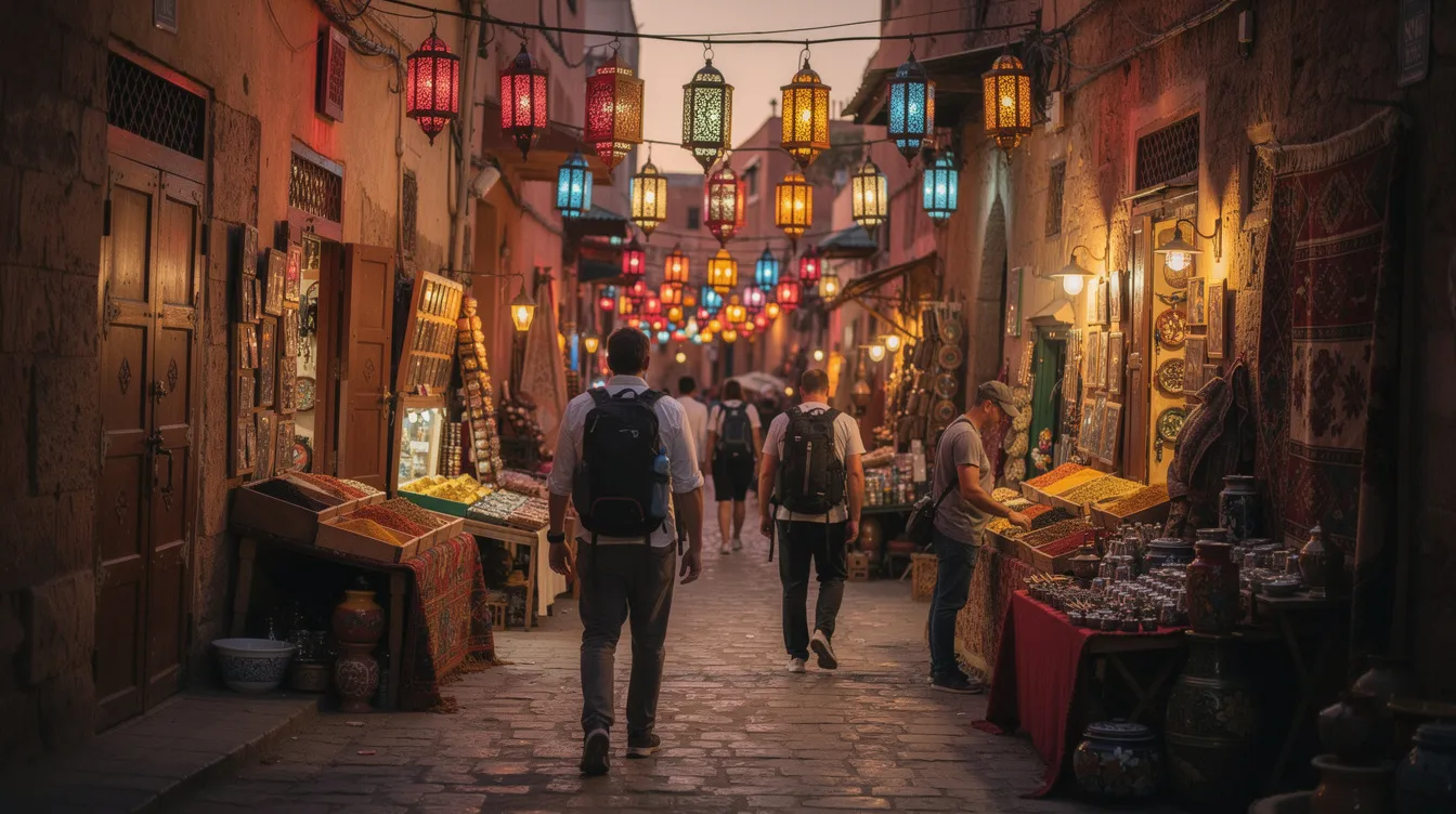 Viajantes exploram uma medina marroquina, cercados por mercados vibrantes e lanternas coloridas que iluminam as passagens estreitas. A cena captura a essência do destino, com pessoas interagindo e desfrutando da rica cultura local.