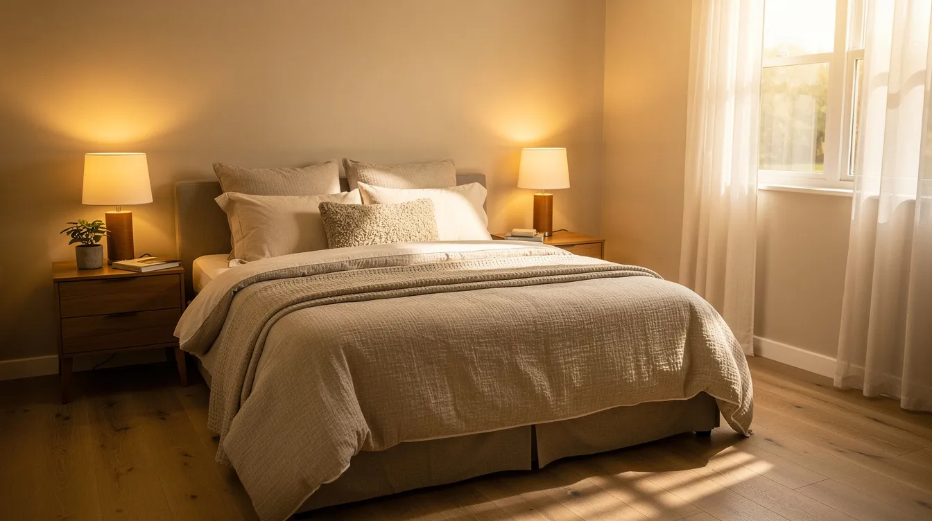 The image depicts a warmly staged bedroom featuring a neatly made bed with soft neutral linens, illuminated by bedside lamps. A window allows soft afternoon light to fill the space, creating an inviting atmosphere ideal for home staging in the Louis area to attract buyers and maximize the property's appeal.