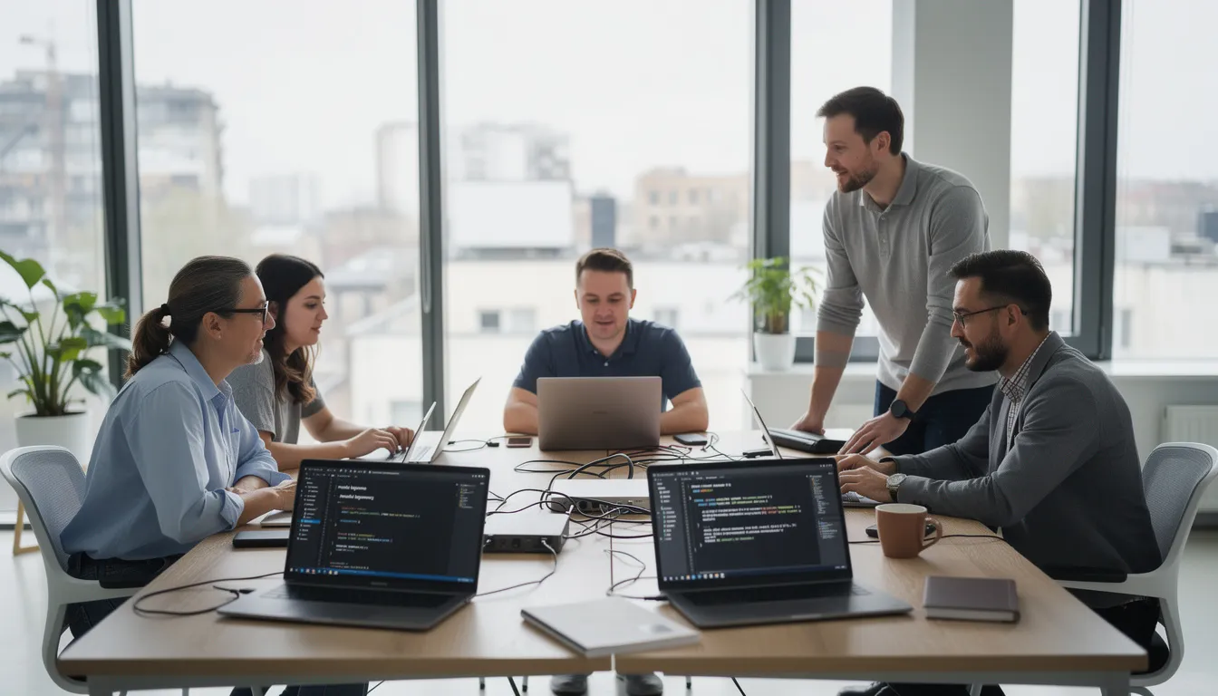 Na obrazie widoczny jest zespół programistów pracujących przy laptopach w nowoczesnym biurze, w którym panuje kreatywna atmosfera. W tle można dostrzec elementy związane z finansowaniem, takie jak wykresy i notatki dotyczące faktoringu wymagalnościowego, co sugeruje ich zaangażowanie w utrzymanie płynności finansowej przedsiębiorstwa.