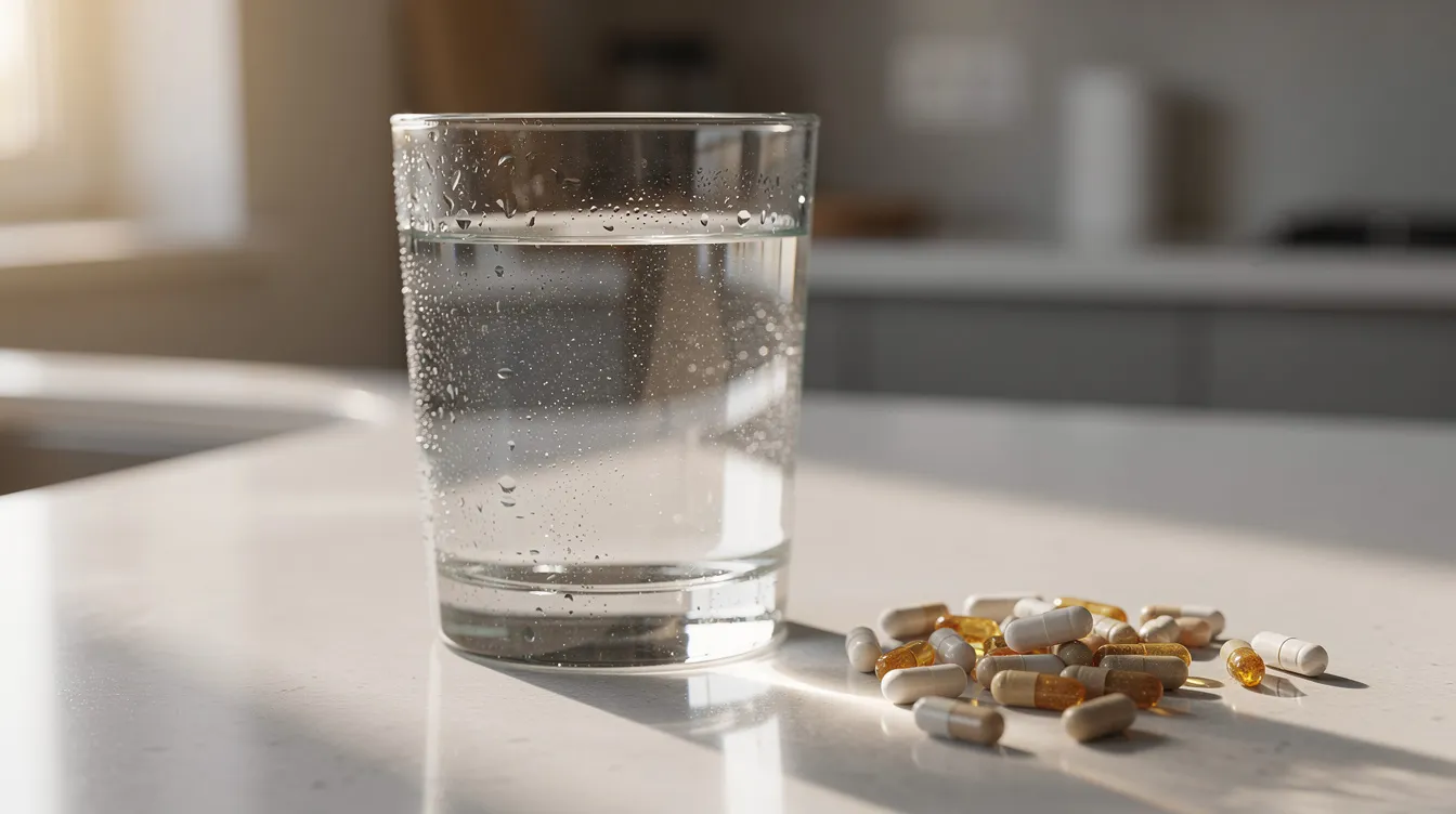 A glass of clear water sits on a kitchen counter bathed in morning light, alongside a few supplement capsules that may support weight loss and enhance fat metabolism. The scene suggests a focus on healthy living, fat burning, and maintaining a balanced diet.