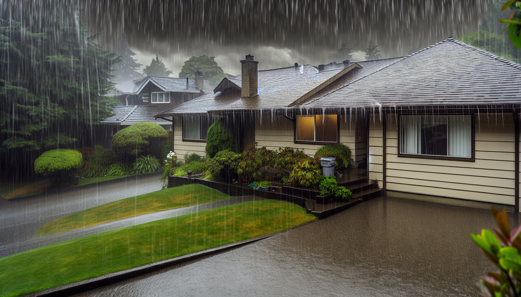 A residential property with overflowing gutters during heavy rain