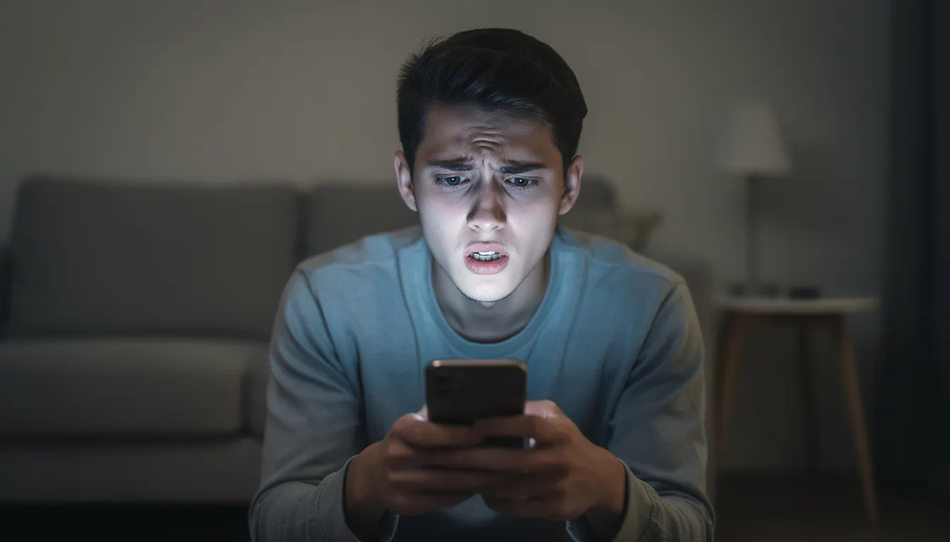 A person is looking at their smartphone with a worried expression, possibly concerned about identity theft or a potential data breach. They may be considering placing a fraud alert on their credit report to protect their identity from identity thieves.