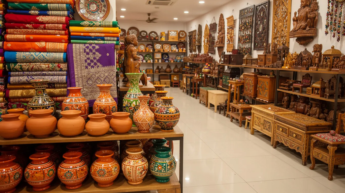 The image showcases a vibrant display of colorful Indian handicraft items, including intricate pottery, beautiful textiles, and finely crafted wooden pieces, all arranged attractively in a wholesale showroom. This setting highlights the potential for profitable wholesale business ideas in the arts and crafts niche, appealing to both local retailers and online distributors.
