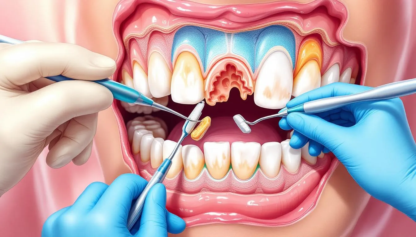 A dental professional performing a cleaning procedure to remove calcium buildup from teeth.