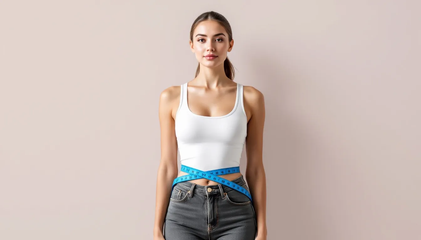 woman using measuring tape to measure her waist for pants.