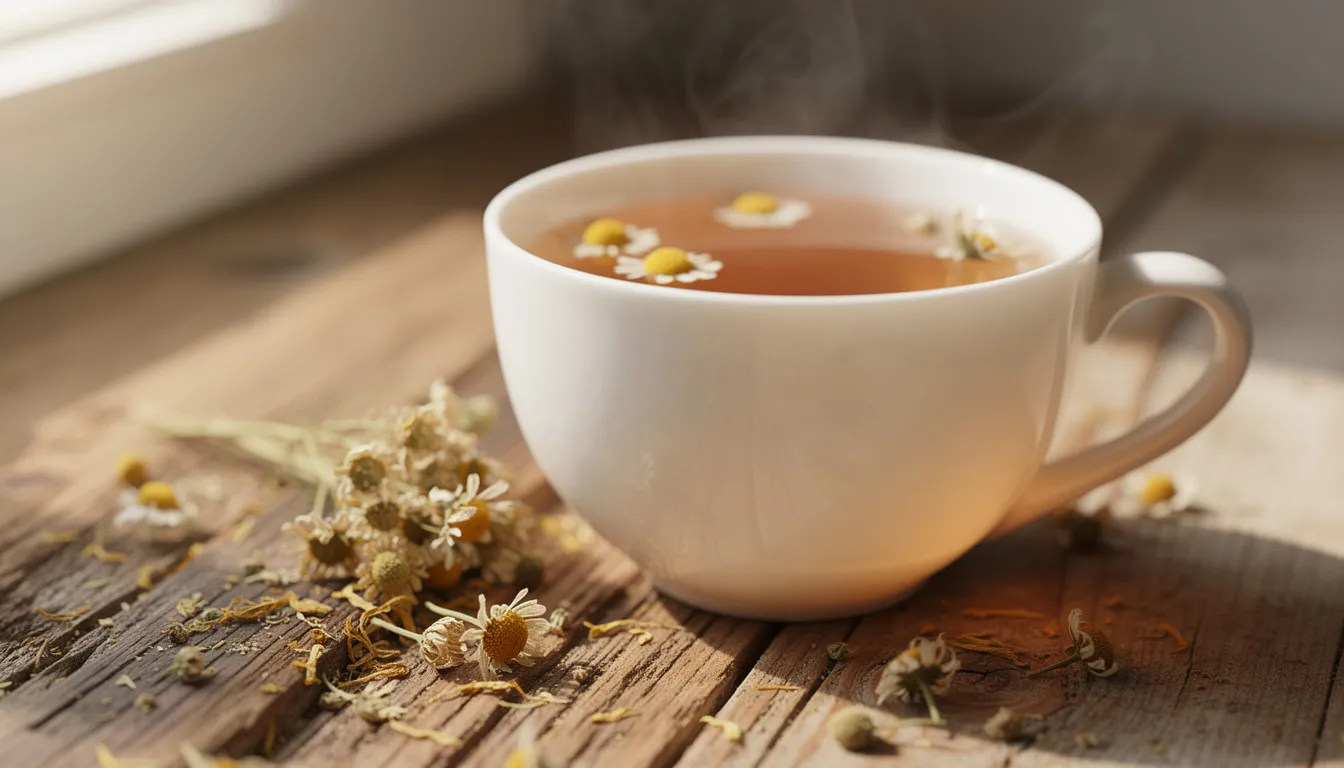 A white ceramic cup filled with chamomile tea sits on a wooden surface, surrounded by scattered dried chamomile flowers, evoking a sense of relaxation and tranquility that may help improve sleep quality and support overall health. This soothing beverage is often considered a natural sleep aid, perfect for those struggling with trouble sleeping or seeking a good night's sleep.