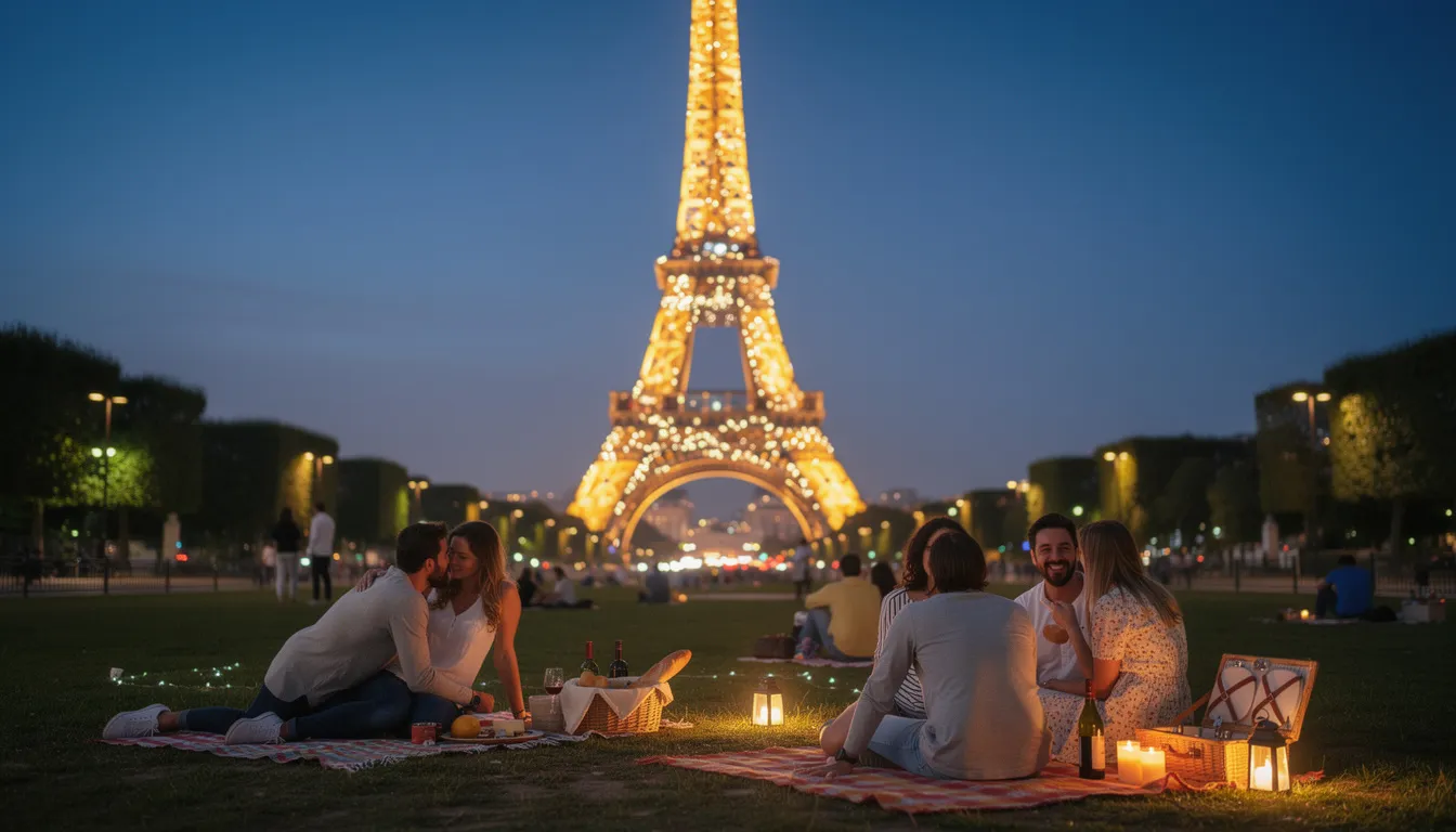 An evening view of the Eiffel Tower sparkling with lights, as seen from the grassy area of Champ de Mars, where people are sitting on picnic blankets, enjoying the vibrant atmosphere. This scene captures one of the iconic landmarks of Paris, perfect for a relaxing evening outdoors.