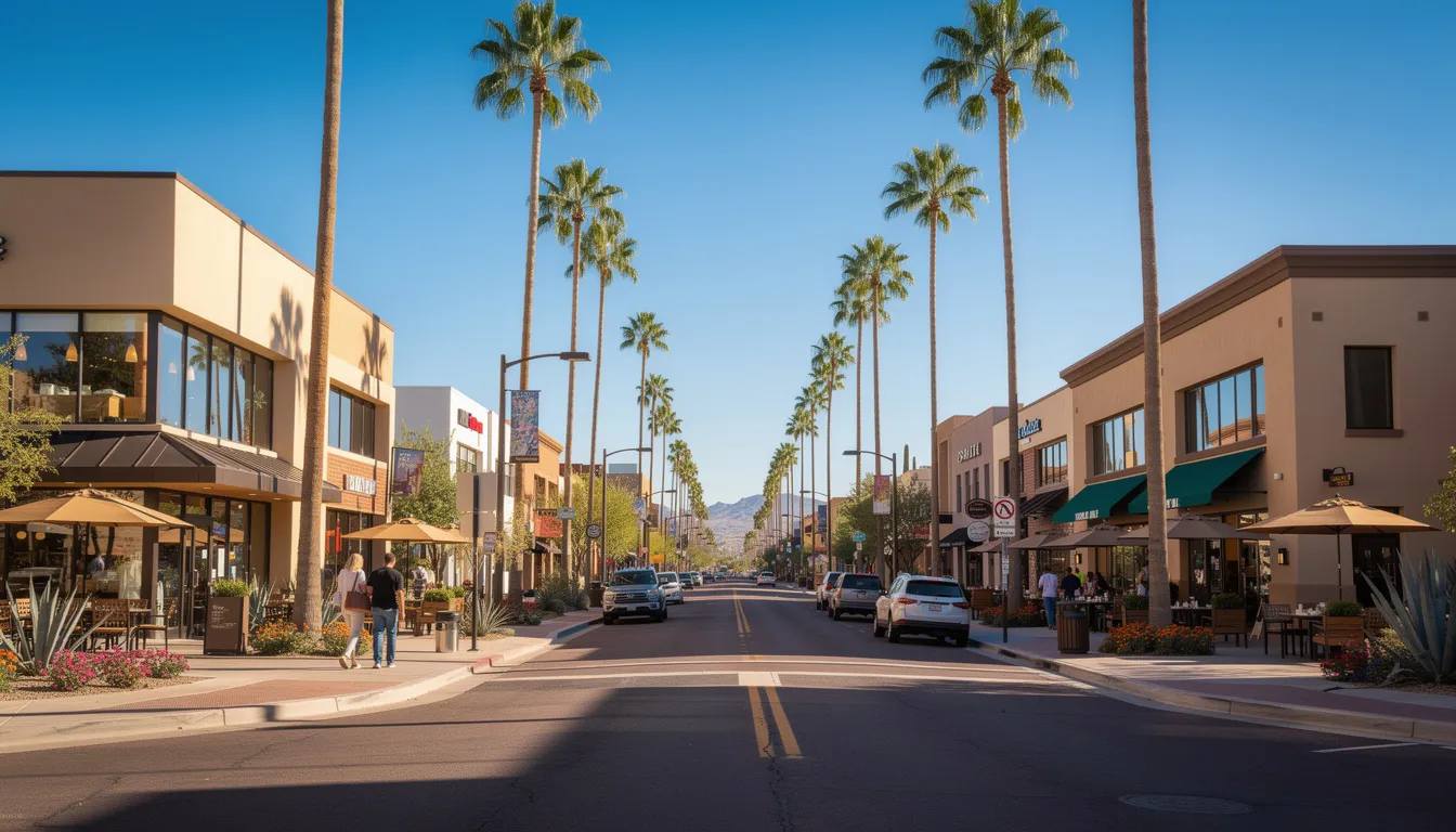 The image depicts the vibrant downtown Scottsdale, showcasing tall palm trees and modern storefronts that highlight the local business district. This lively scene reflects the unique character of Scottsdale businesses and their importance in enhancing online visibility through effective digital marketing strategies.