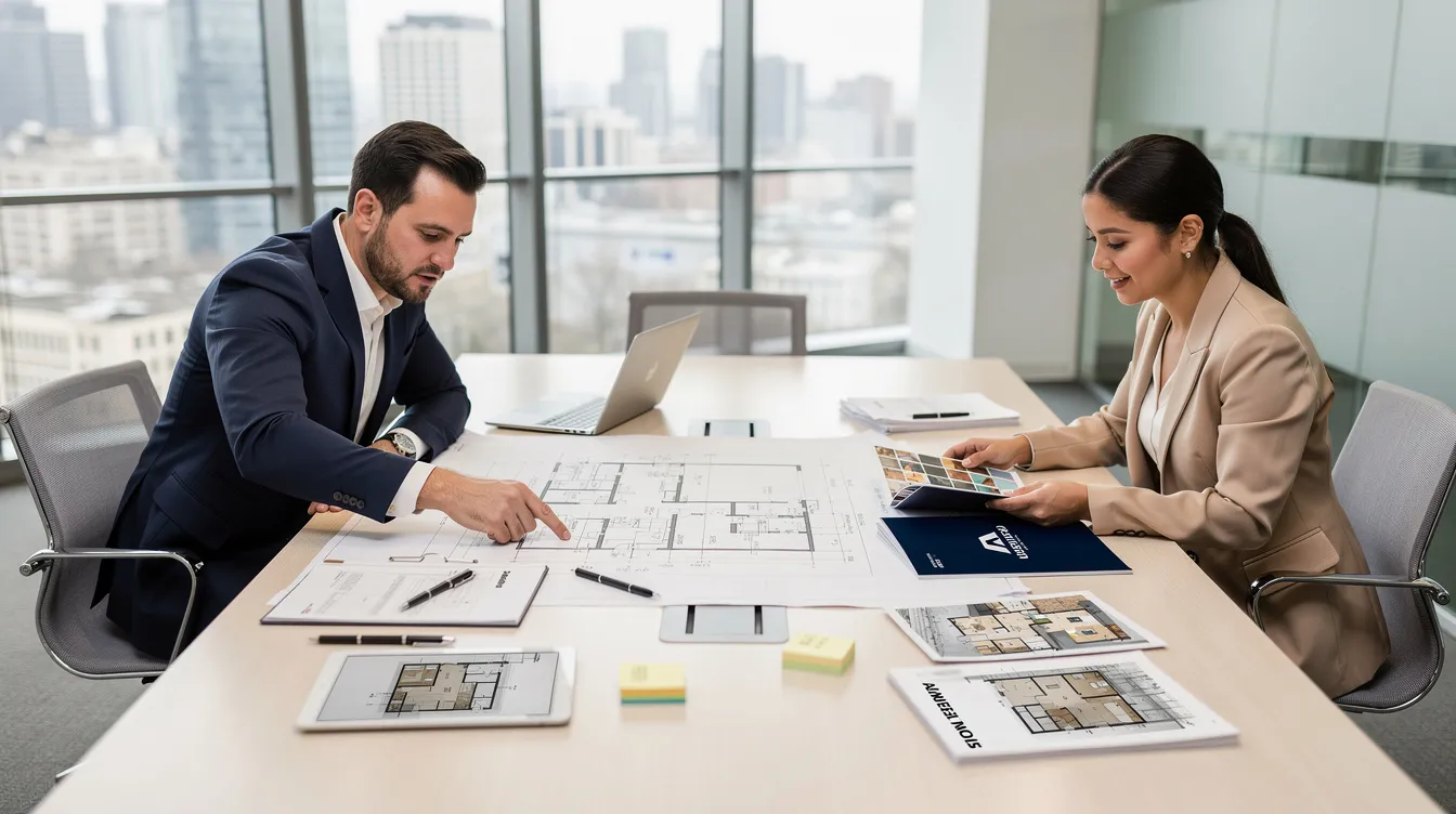 Two business professionals are seated at a modern conference table, intently reviewing construction project plans and branded marketing materials that highlight their construction company's brand identity and strategic branding efforts. The scene reflects a focus on building a trustworthy reputation in the crowded construction industry while appealing to potential clients through effective visual identity and marketing strategies.