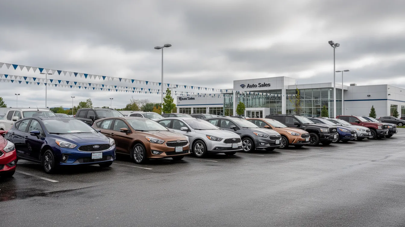 The image shows a bustling car dealership lot with rows of various used cars displayed under a cloudy sky, highlighting the diverse options available in the current used car market. This scene captures the essence of the car buying experience, where potential buyers can explore different models and negotiate for the best deal.