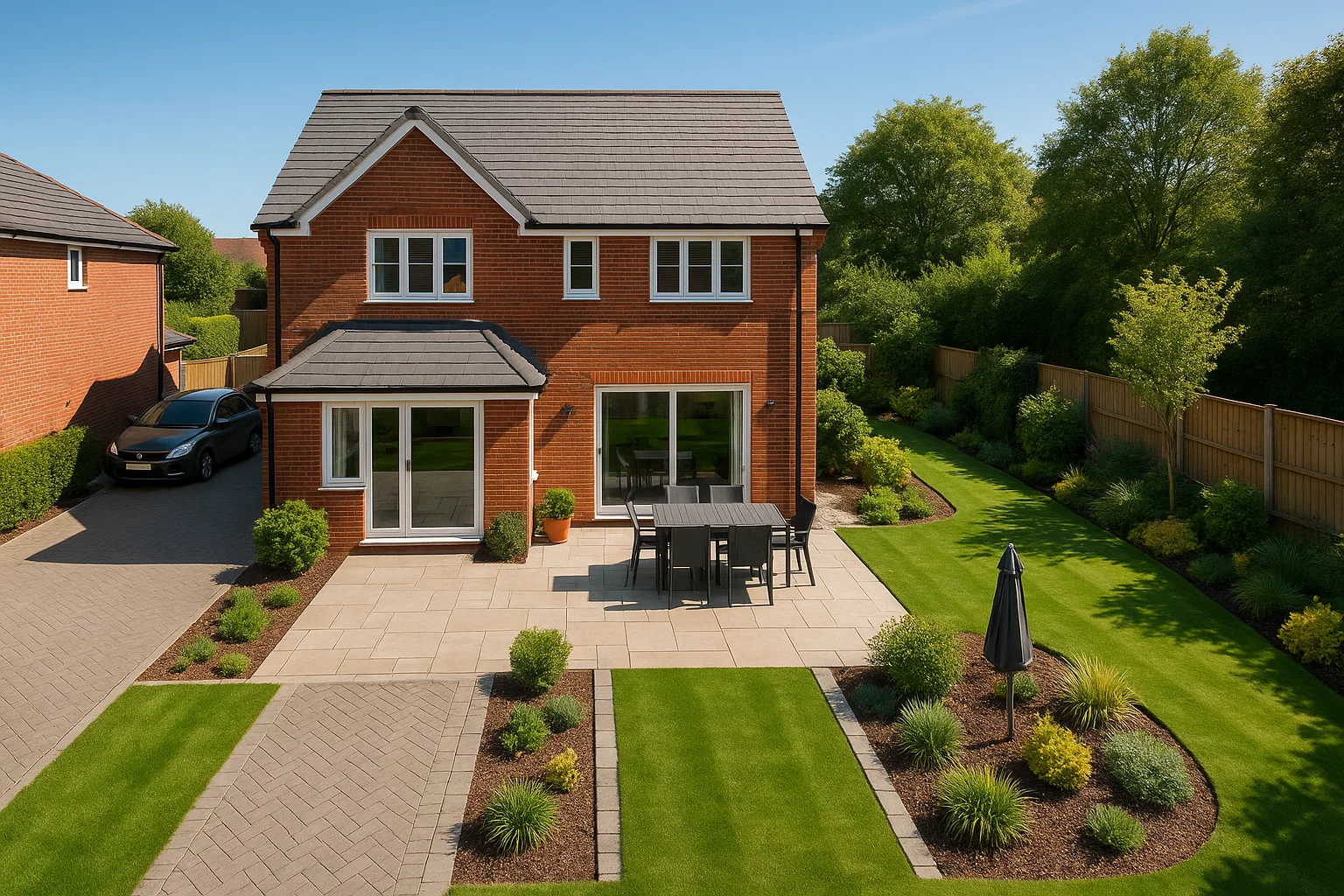 Aerial view of landscaped UK home with driveway, patio, and back garden.