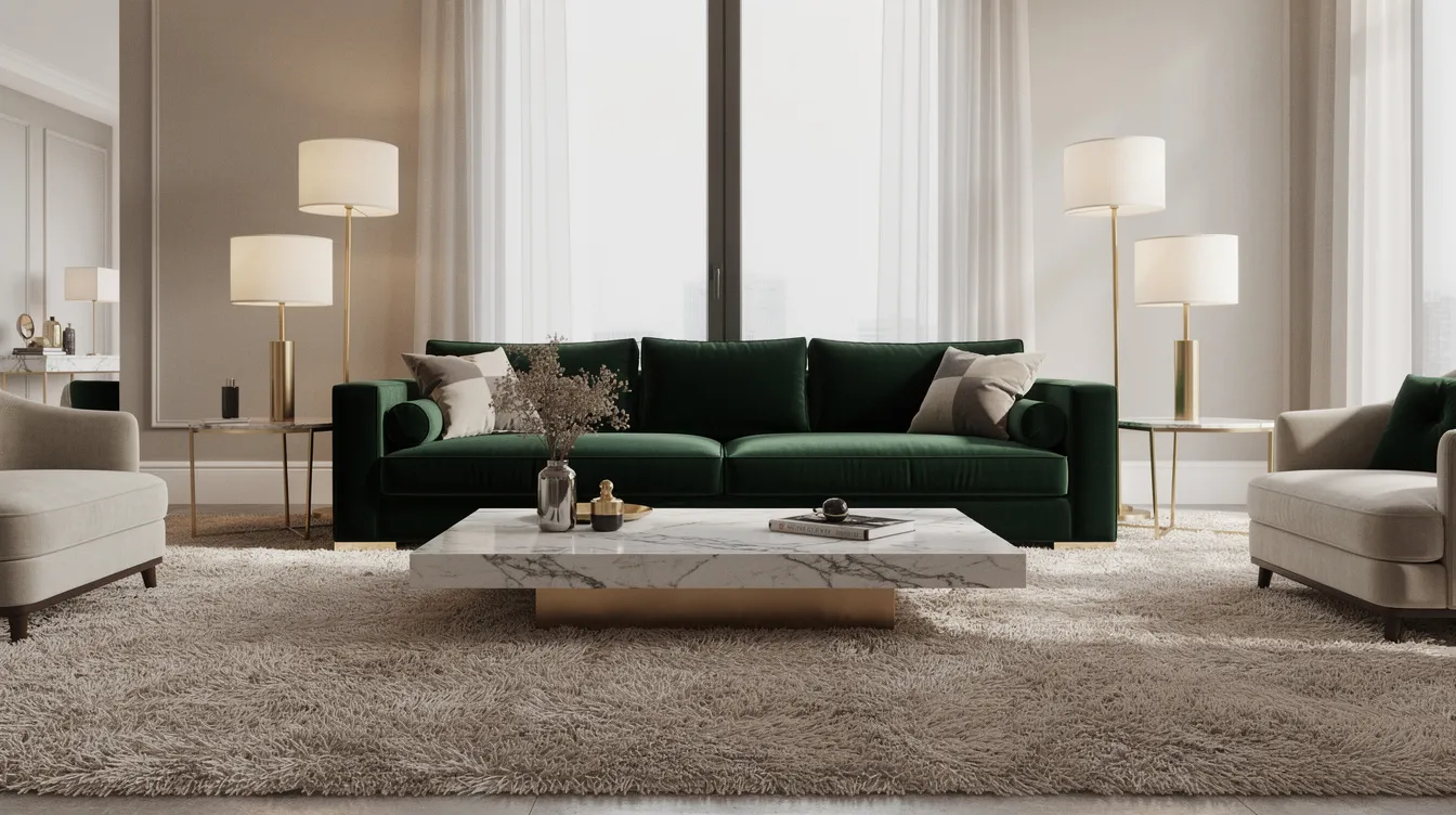 De hotel chique woonkamer is ingericht in een hotel chique stijl, met een donkergroene velvet bank en een marmeren salontafel. Gouden lampen stralen sfeervolle verlichting uit op een beige hoogpolig vloerkleed, wat bijdraagt aan de luxe uitstraling van het interieur.