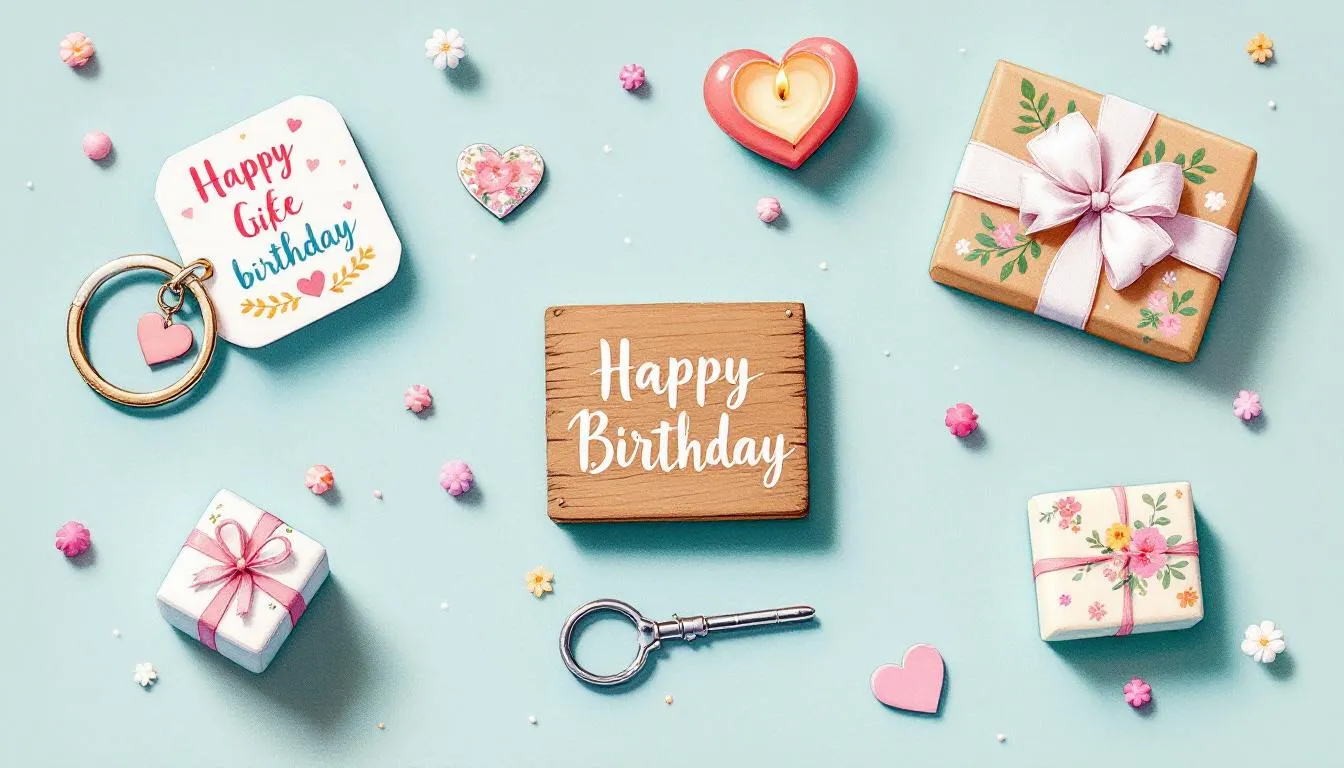 Kreative Ideen für kleine Geschenke, wie personalisierte Schlüsselanhänger und Duftkerzen.