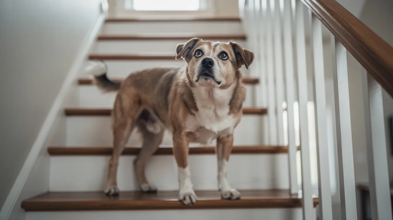 A medium-sized mixed-breed dog stands hesitantly at the bottom of a staircase, gazing upward with a look of uncertainty. This moment captures the dog's cautious nature, which may be influenced by joint stiffness or discomfort, highlighting the importance of joint supplements like glucosamine for dogs to support their joint health and mobility.