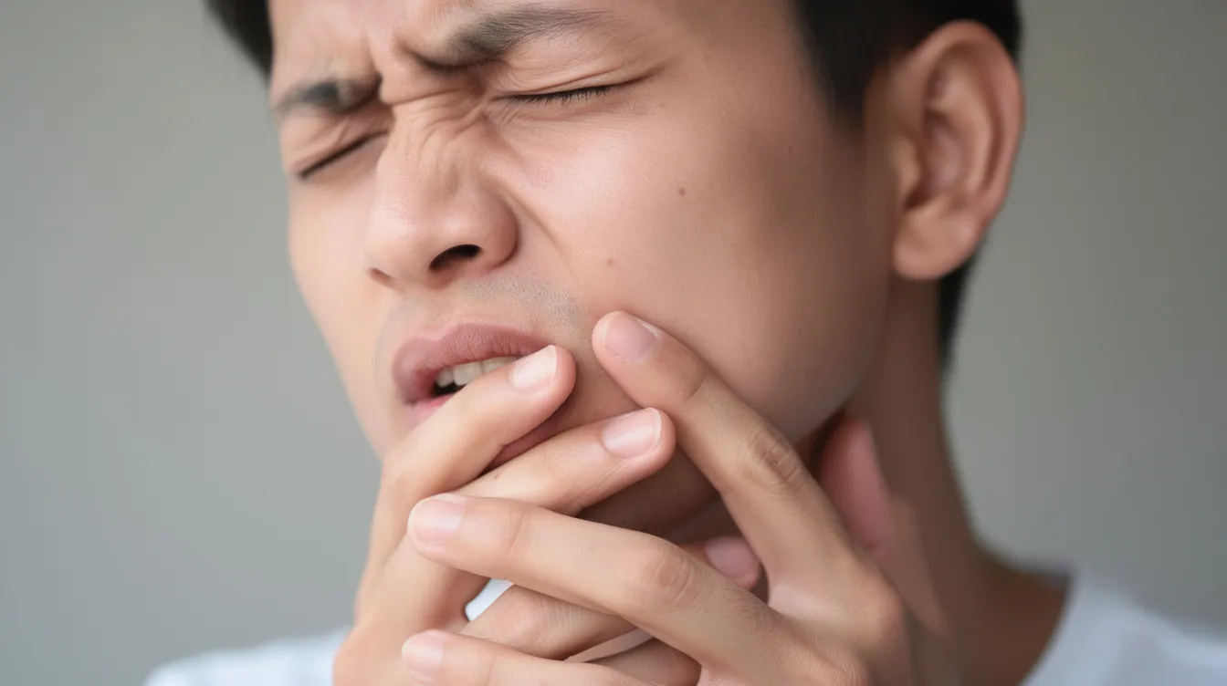 A close-up image shows a person holding their jaw with a pained expression, indicating discomfort possibly related to dental problems or oral health issues. This could be a sign of jaw pain, tooth decay, or other oral health concerns that may require a visit to the dentist for evaluation and treatment.