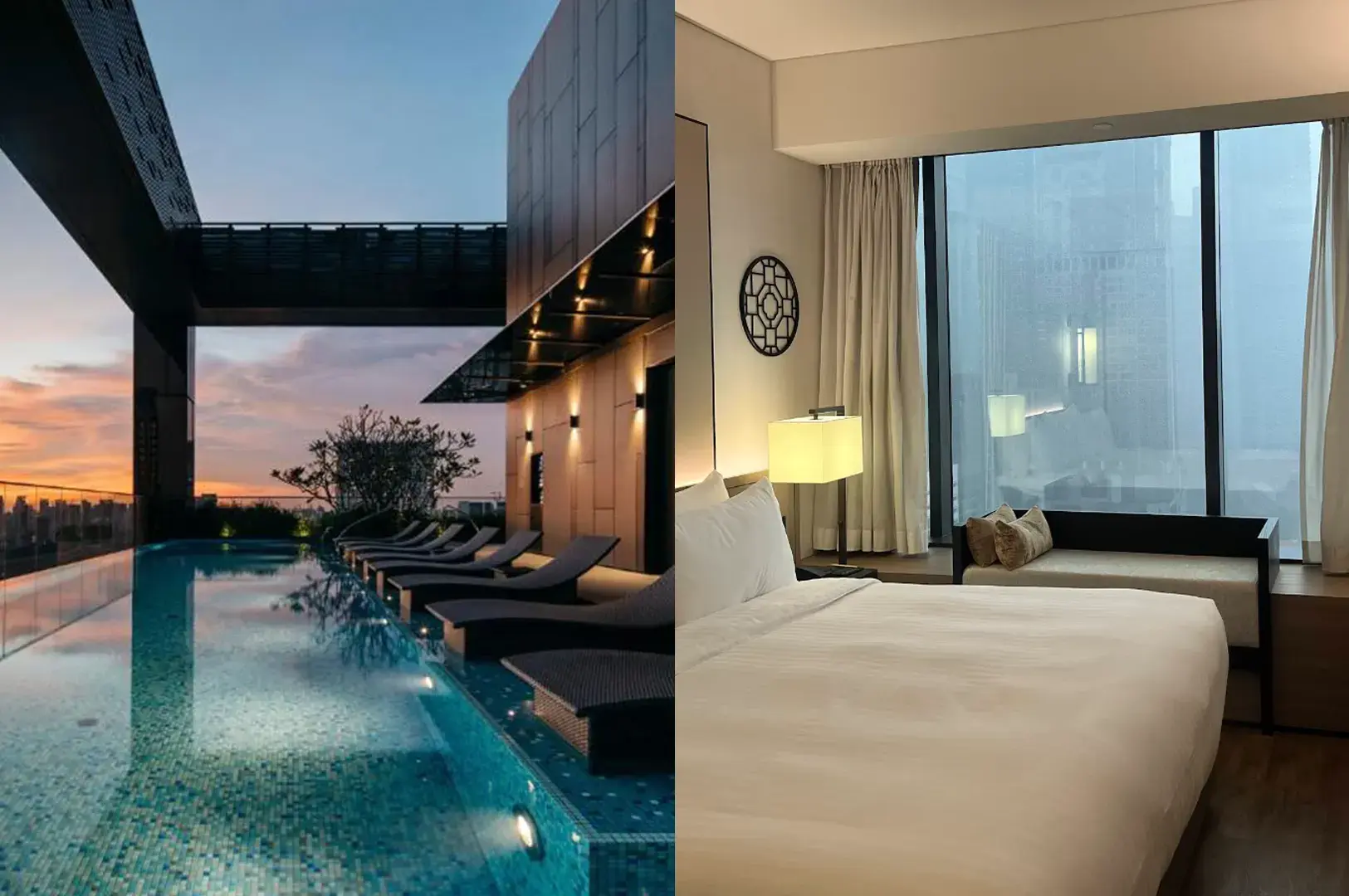 The Clan Hotel rooftop pool at sunset alongside a modern room with floor-to-ceiling windows and city views