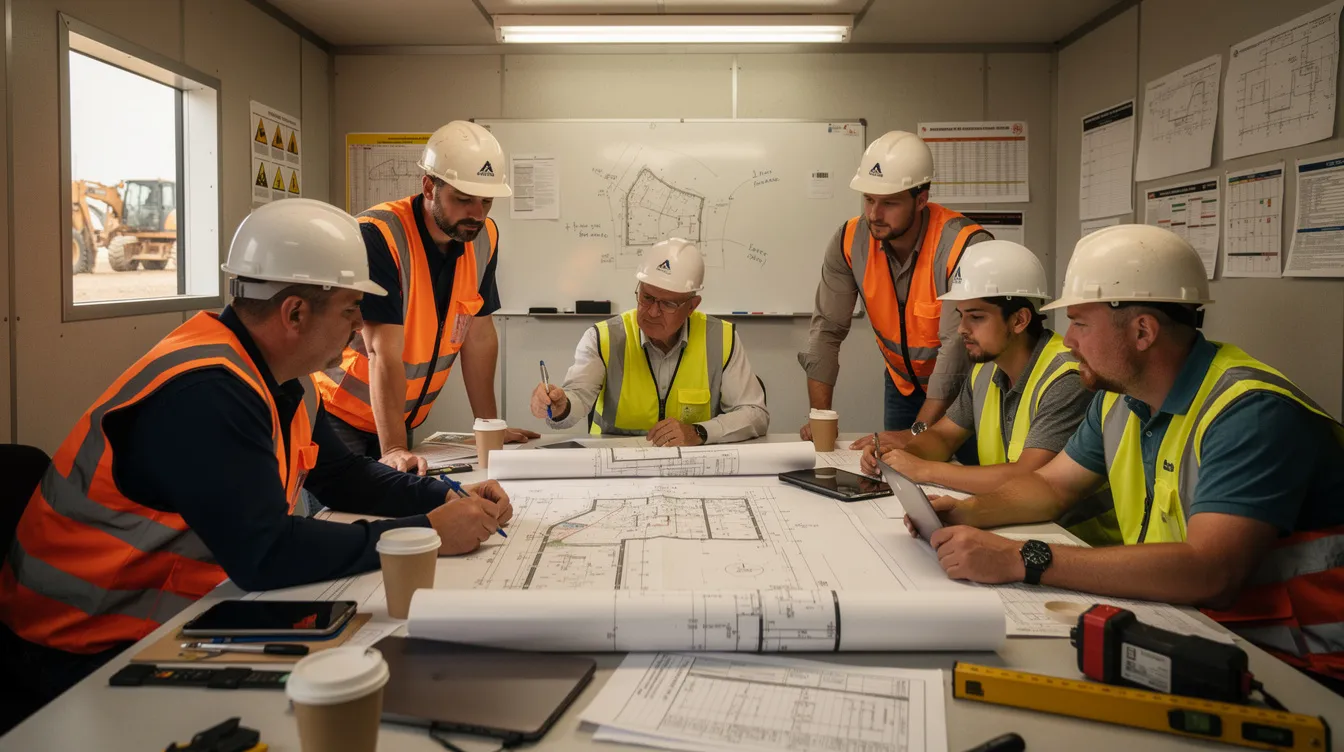 Construction professionals wearing hard hats gather around a table in a field office to discuss project staffing and leadership responsibilities.
