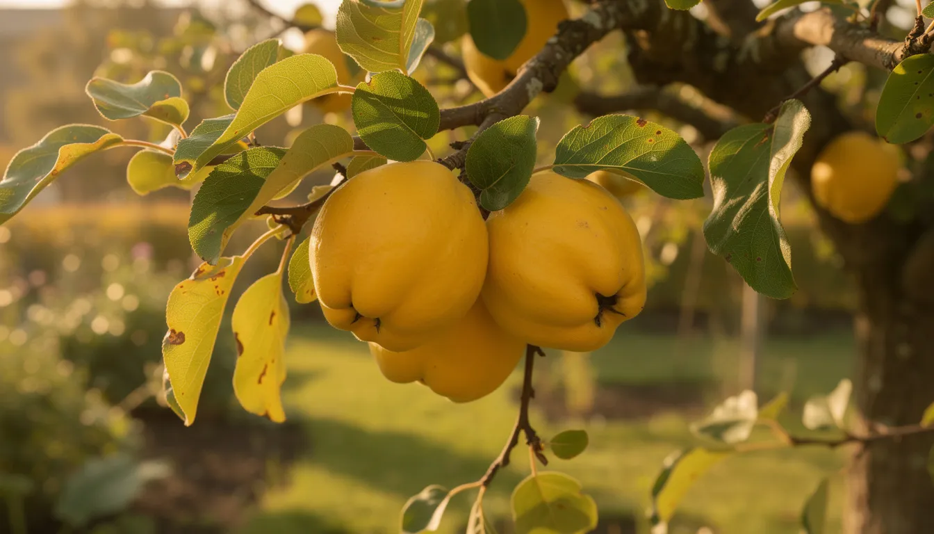 Na gałęzi drzewa w słonecznym ogrodzie wiszą dojrzałe, żółte owoce pigwy, które charakteryzują się intensywnym aromatem i kwaśnym smakiem. Owoce te, znane z właściwości zdrowotnych, mogą być wykorzystane do przygotowywania smacznych przetworów, takich jak dżem czy sok z pigwy.