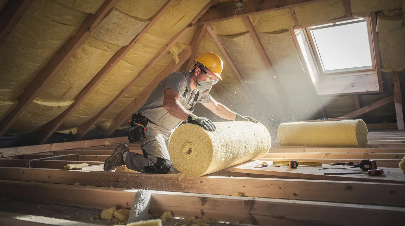 A worker is seen installing insulation rolls in the loft space of a residential property, which is a crucial step in improving the home's energy efficiency and potentially enhancing its energy performance certificate (EPC) rating. This insulation helps reduce energy consumption and can lead to lower energy bills by minimizing heat loss.