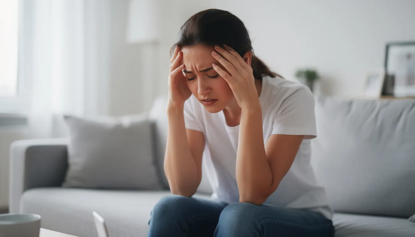 Une femme souffrant de maux de tête tient sa tête entre ses mains, exprimant une douleur intense, possiblement liée à des crises de migraine. Cette image illustre les symptômes fréquents chez les femmes, souvent exacerbés par des facteurs tels que l'utilisation de contraceptifs ou des changements hormonaux.