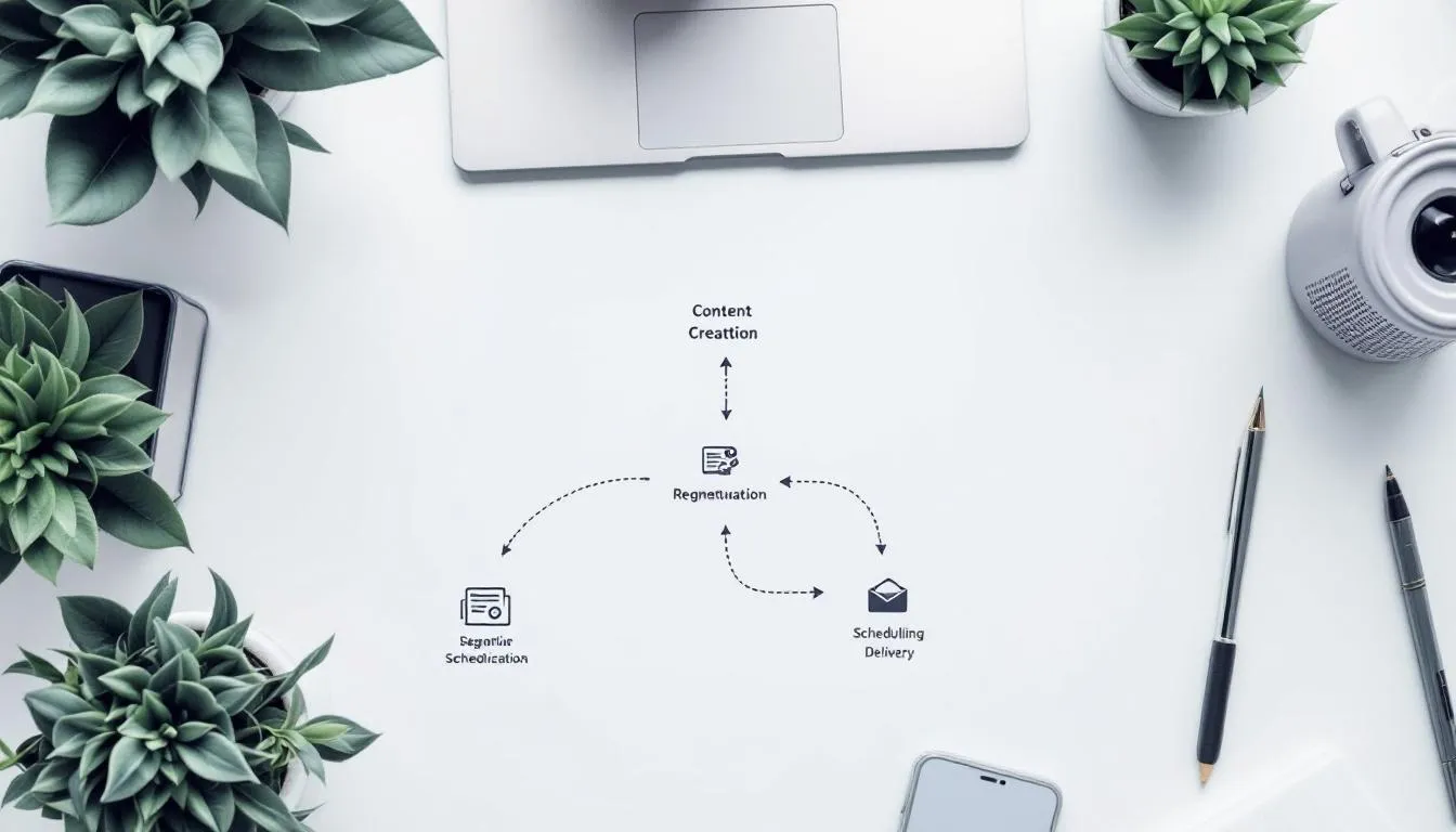 The image depicts an email automation workflow diagram that illustrates the process of repurposing existing content, such as blog posts and video content, into engaging social media posts and email marketing campaigns for new audiences. This visual representation highlights the importance of creating valuable content that can be shared across various platforms to enhance user engagement and reach.